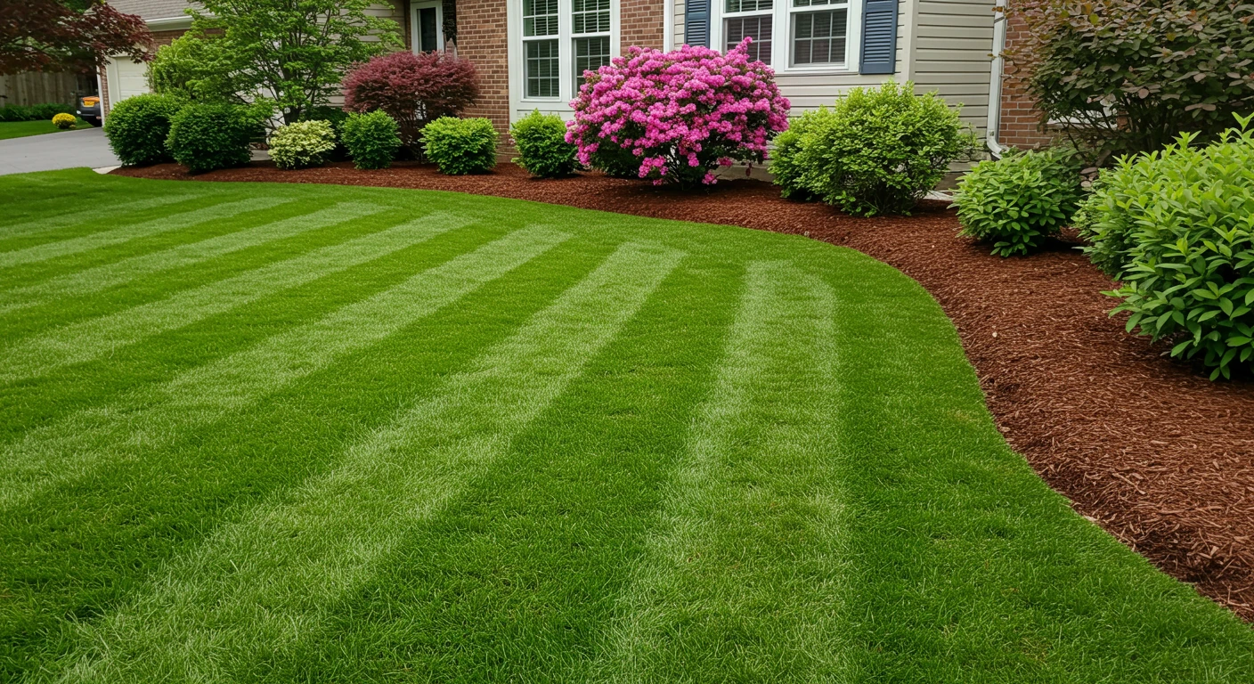 A pristine front yard in Bucks County after receiving the Galaxy Landscaping First-Time Offer, showing a perfectly mowed lawn and clean, weed-free mulch beds.