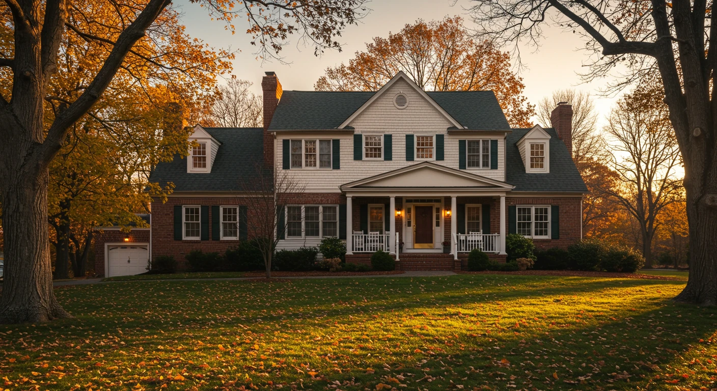 A beautiful Bucks County home with a pristine, leaf-free lawn in peak autumn, showcasing Galaxy Landscaping's premium fall cleanup and property maintenance service.