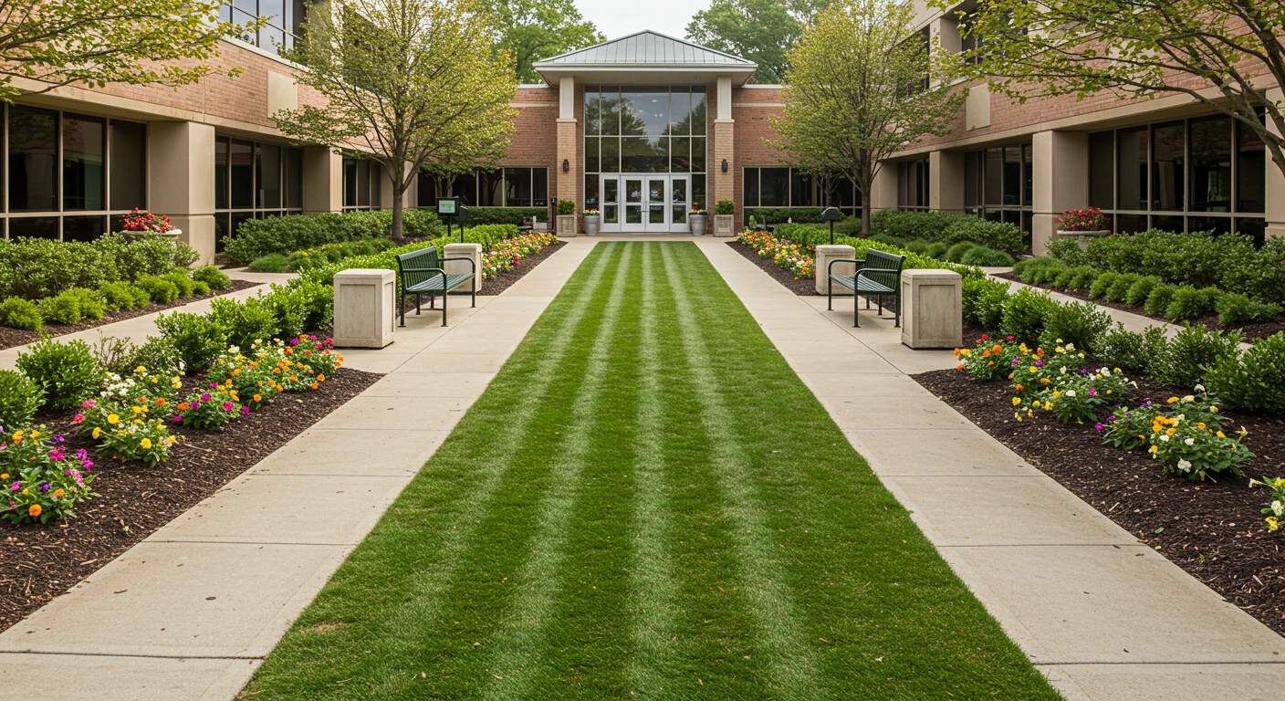 Professional commercial landscape maintenance by Galaxy Landscaping: Striped lawn and clean garden beds at Bucks County office park
