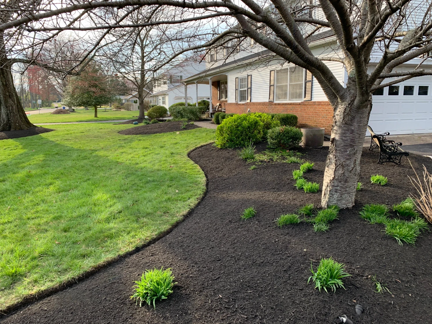 Applying fresh dark brown mulch around plants during installation service by Galaxy Landscaping in Bucks County.