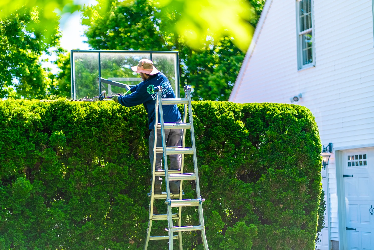 Galaxy Landscaping professional precisely trimming hedges with electric shears for a clean look in a Bucks County yard.